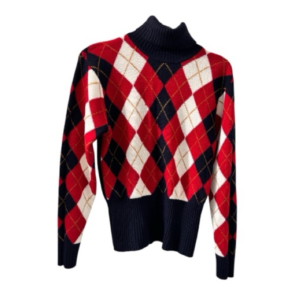 Jones New York Argyle Lambswool Turtleneck Wide Banded Academia Preppy Warm Cozy - Picture 2 of 10